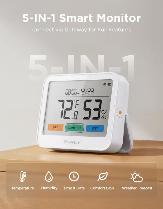 5-in-1 WiFi Temperature & Humidity Monitor with Weather Station