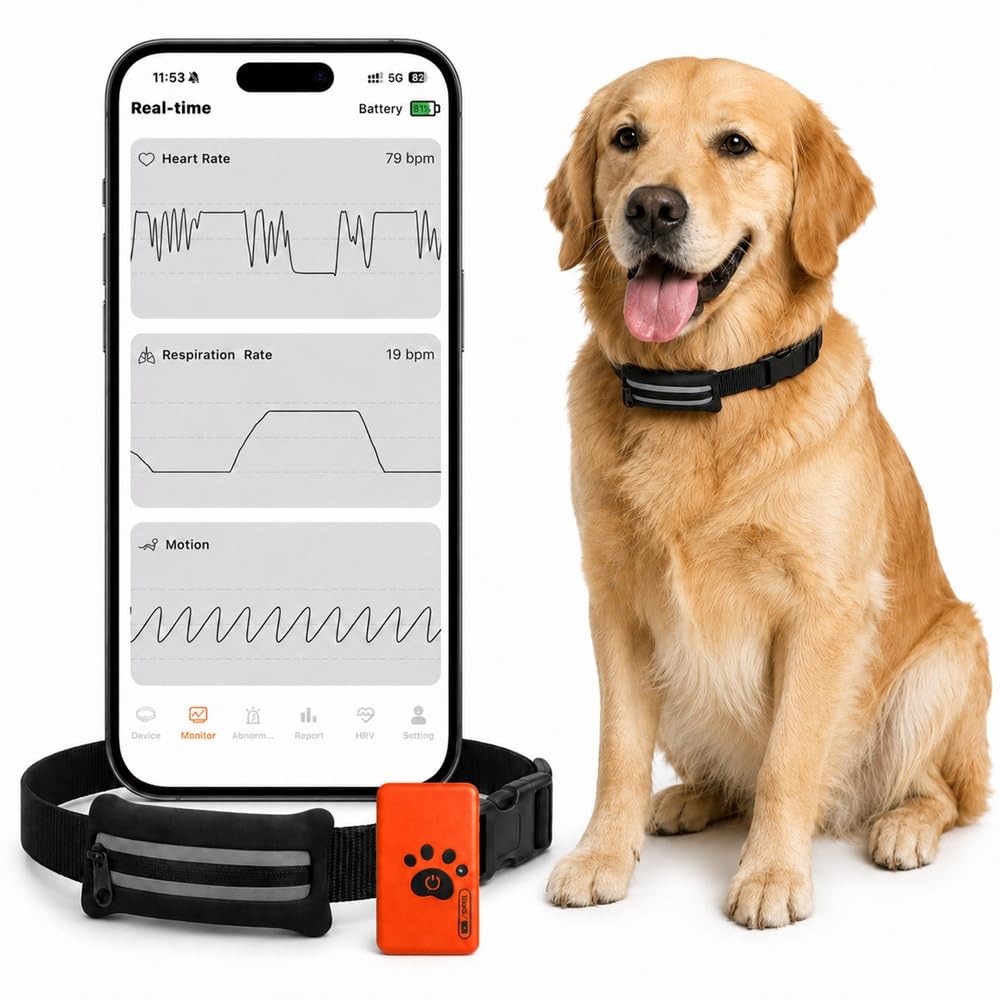 Smart Dog Health Monitoring Collar, Heart Rate, Respiratory & Activity Tracker with Wellness Insights, Waterproof Pet Collar with App(No Monthly fee)