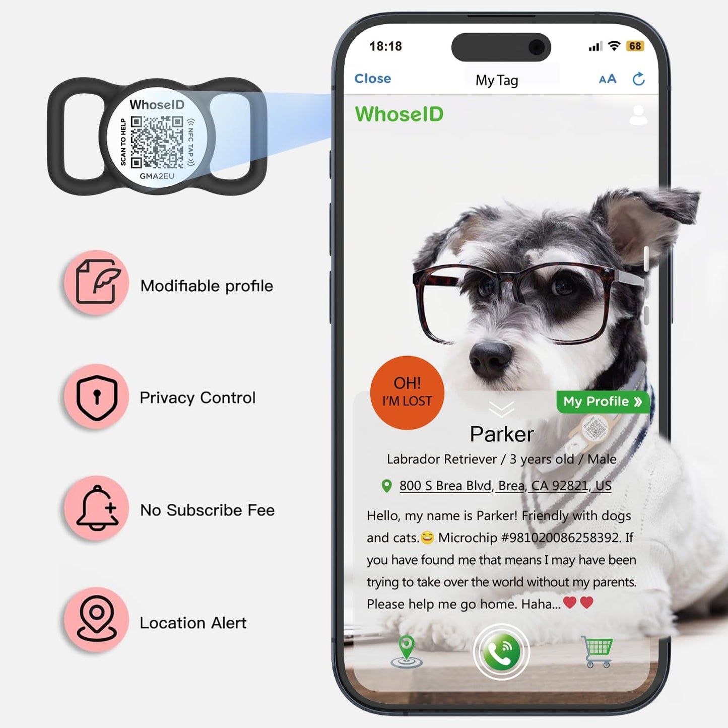 QR & NFC Pet ID Tag with Online Profile & Location Alerts