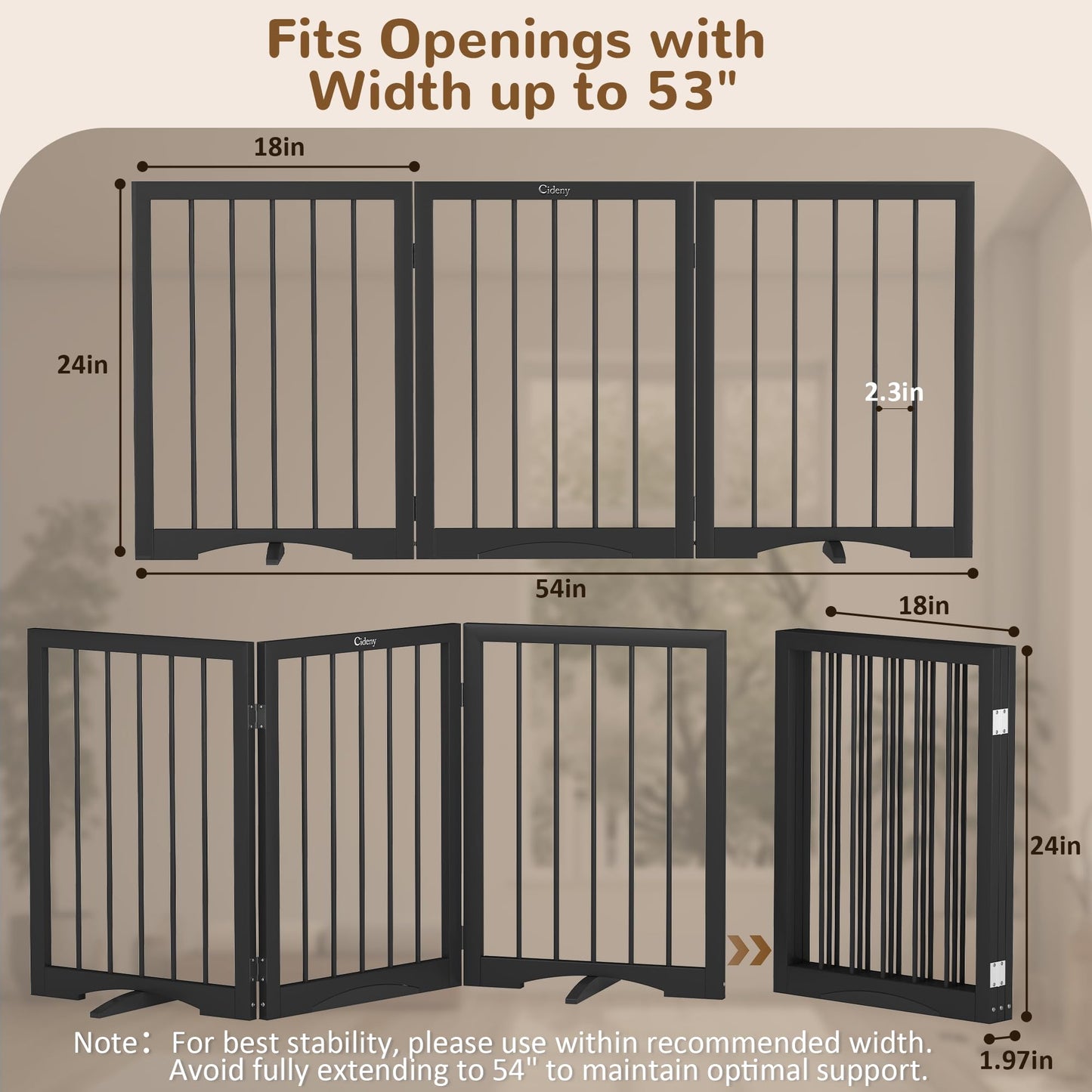 Freestanding Foldable Pet Gate with Stability Support Feet