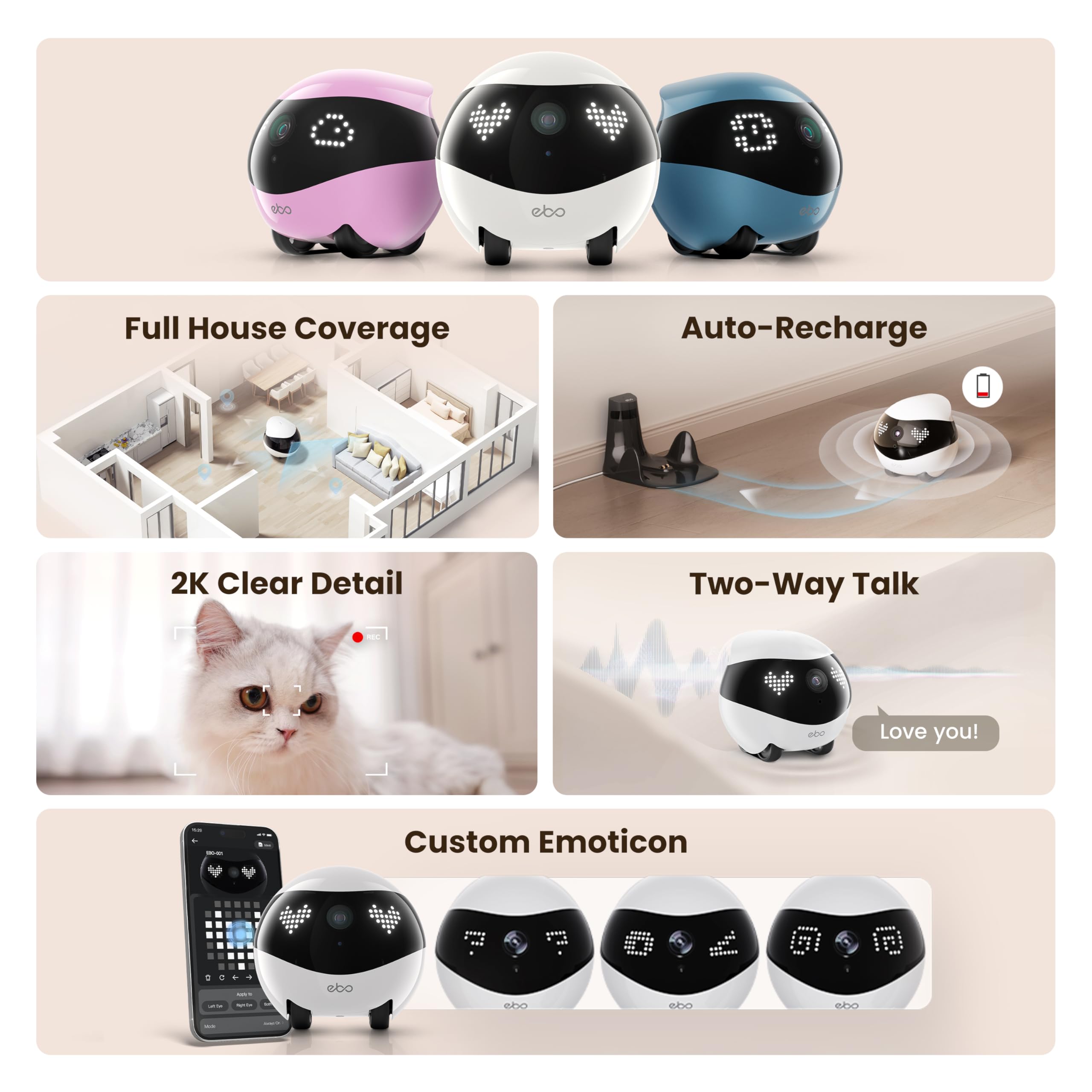 2K Smart Pet Camera Robot with Two-Way Talk & Night Vision